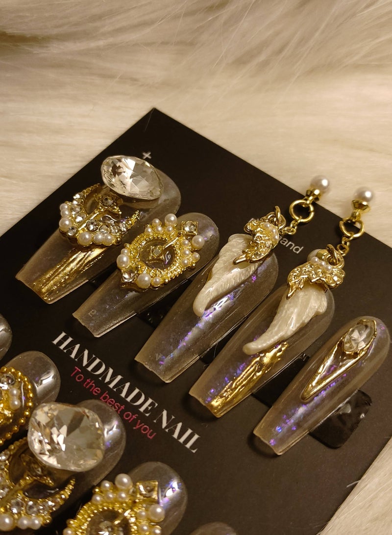 LauraTheBeauty 【GoldenQueen】10 Pcs Rhinestone Nail Art False Nails Short Square Fake Nails Press on Nails with Wearing Tools - Image 4