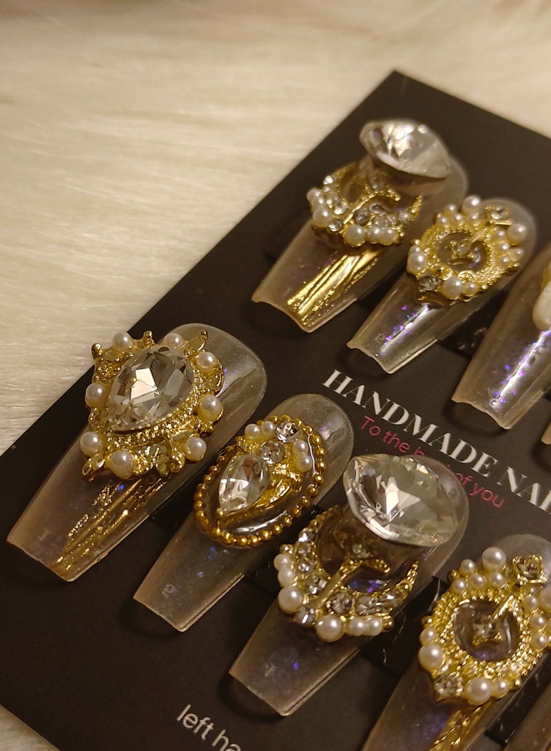 LauraTheBeauty 【GoldenQueen】10 Pcs Rhinestone Nail Art False Nails Short Square Fake Nails Press on Nails with Wearing Tools - Image 5