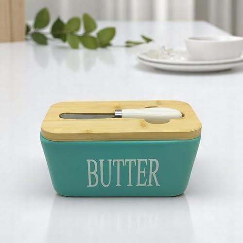 Lemon Tree Ceramic Butter Box with Wooden Lid – Durable Butter Keeper for Refrigerator & Counter, Butter Storage Container with Lid, Non-Slip Butter Dish, Ideal for Softening Butter (Light Green) - Image 1