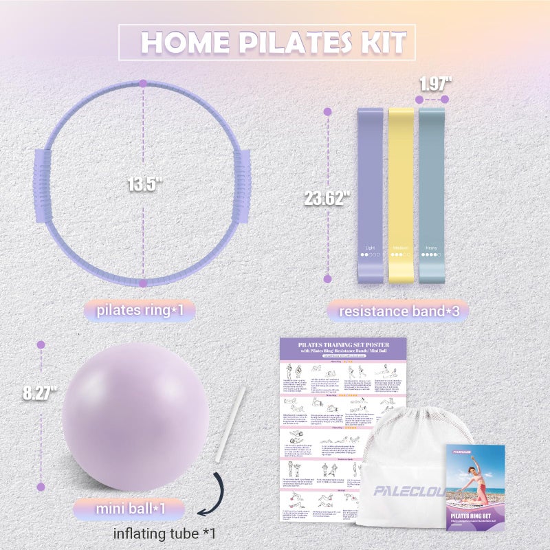 Paleclouds Pilates Essentials Kit for Women, 13.5" Pilates Ring and Ball Set with Resistance Bands for Home Workouts, Portable Pilates Kit with Bag & Training Poster for Full Body Exercise (Purple) - Image 5