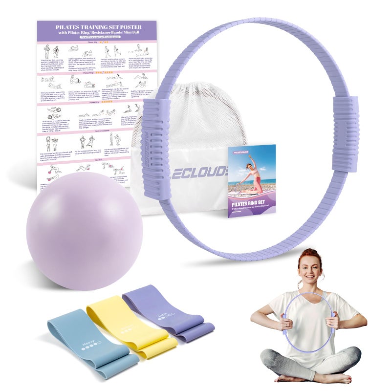 Paleclouds Pilates Essentials Kit for Women, 13.5" Pilates Ring and Ball Set with Resistance Bands for Home Workouts, Portable Pilates Kit with Bag & Training Poster for Full Body Exercise (Purple) - Image 1