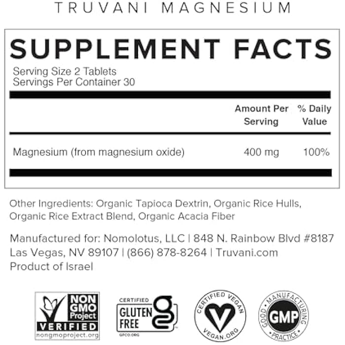 Truvani Magnesium 400mg Oxide Tablets | 60 Tablets | Supports Calm and Sleep, Healthy Bones, Muscle Health, Digestive Health | Non-GMO, Vegan Pills - Image 2