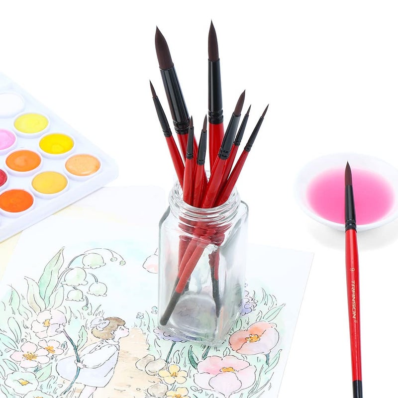 Transon Round Paint Brush Set 9pcs Synthetic Sable Hair for Acrylic Painting Watercolor Painting Gouache Ink Craft and Detail Painting - Image 5