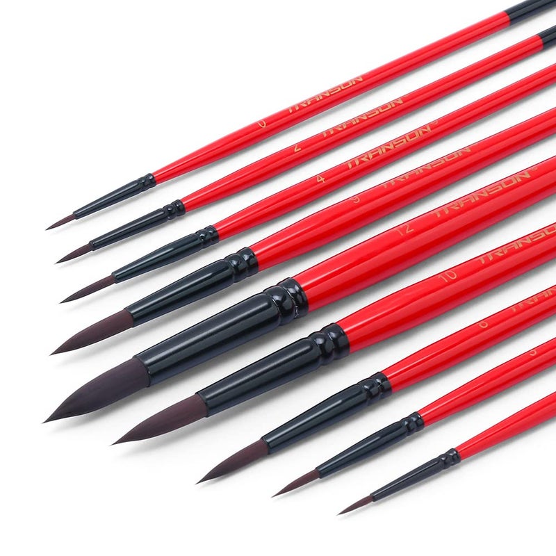 Transon Round Paint Brush Set 9pcs Synthetic Sable Hair for Acrylic Painting Watercolor Painting Gouache Ink Craft and Detail Painting - Image 1