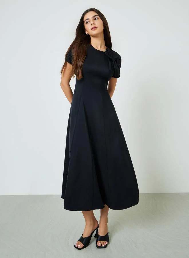 تايك تو Black Bow Decor A-Line Midi Dress
