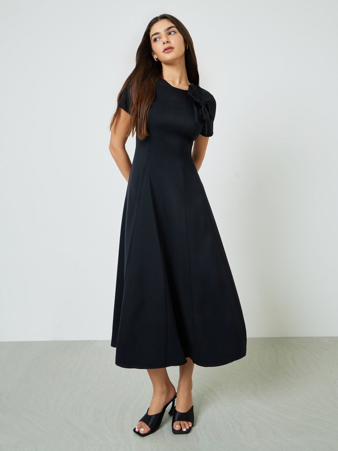Styli Black Bow Decor A-Line Midi Dress - Image 2