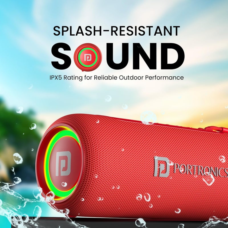 بورترونيكس مكبر صوت بلوتوث لاسلكي محمول من Resound 2 بقوة 15 واط وصوت عالي الدقة، مع ميكروفون مدمج، أضواء RGB، اتصال TWS، بلوتوث v5.3، مقاوم للماء بمعيار IPX5، منفذ شحن من نوع C (أحمر) - Image 3