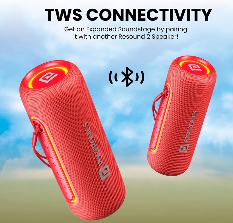 بورترونيكس مكبر صوت بلوتوث لاسلكي محمول من Resound 2 بقوة 15 واط وصوت عالي الدقة، مع ميكروفون مدمج، أضواء RGB، اتصال TWS، بلوتوث v5.3، مقاوم للماء بمعيار IPX5، منفذ شحن من نوع C (أحمر) - Image 5