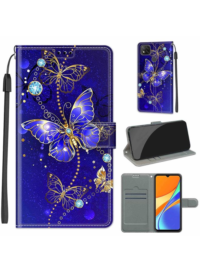 Case Cover For Xiaomi Redmi 9C Voltage Coloured Drawing Magnetic Clasp Horizontal Flip PU Leather Case with Holder & Card Slots C11 Blue Golden Chain Butterflies