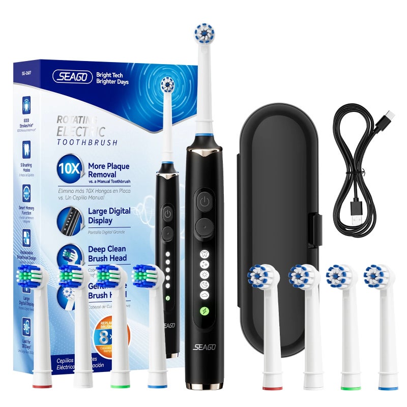 سيجو فرشاة أسنان كهربائية Seago Rotating Electric Toothbrush for Adults with 8 Heads and Travel Box Smart Display 5 Modes Waterproof SG-2607 - Image 1