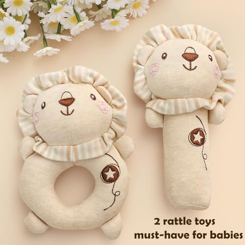 Golray 9pcs Newborn Baby Gift Baskets for Boys Girls Baby Shower, 2 Rattle/Seat Hang Toy/Blanket/Onesies/Bib/ 3D Socks/Wood Milestone/Carry Box, Neutral New Born Essential Stuff Unisex Baby Gifts Boy - Image 3