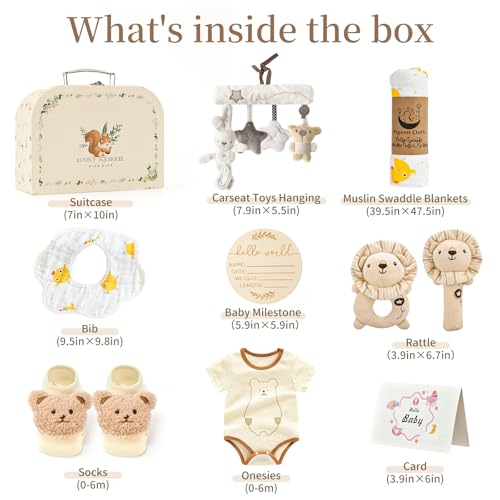 Golray 9pcs Newborn Baby Gift Baskets for Boys Girls Baby Shower, 2 Rattle/Seat Hang Toy/Blanket/Onesies/Bib/ 3D Socks/Wood Milestone/Carry Box, Neutral New Born Essential Stuff Unisex Baby Gifts Boy - Image 2