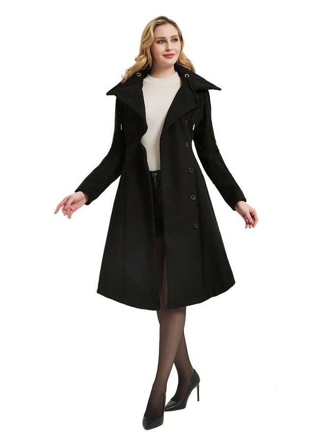 QZUnique Long Trench Pea Coat for Women - Wool Winter Trench Coat Goth Lapel Peacoat Outwear Thick Hood Pea Jacket Trenchcoat - Image 3