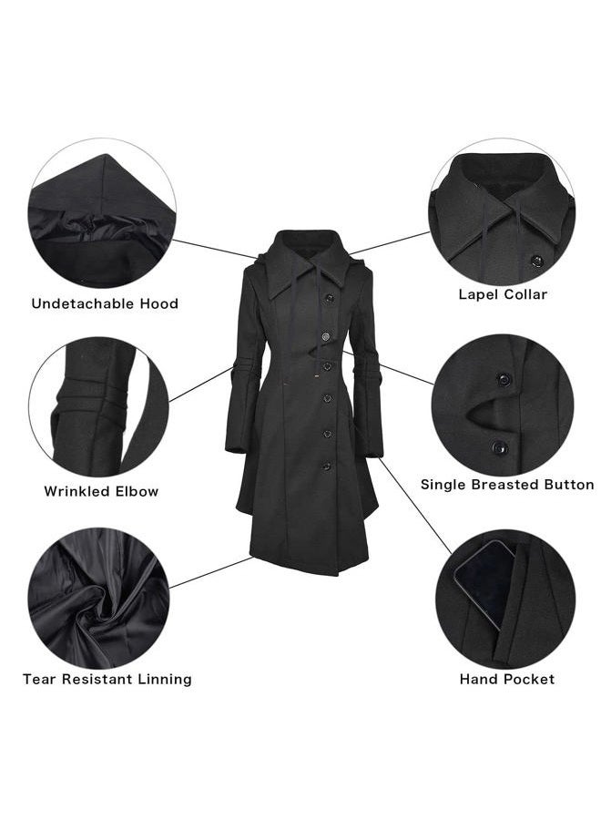 QZUnique Long Trench Pea Coat for Women - Wool Winter Trench Coat Goth Lapel Peacoat Outwear Thick Hood Pea Jacket Trenchcoat - Image 5
