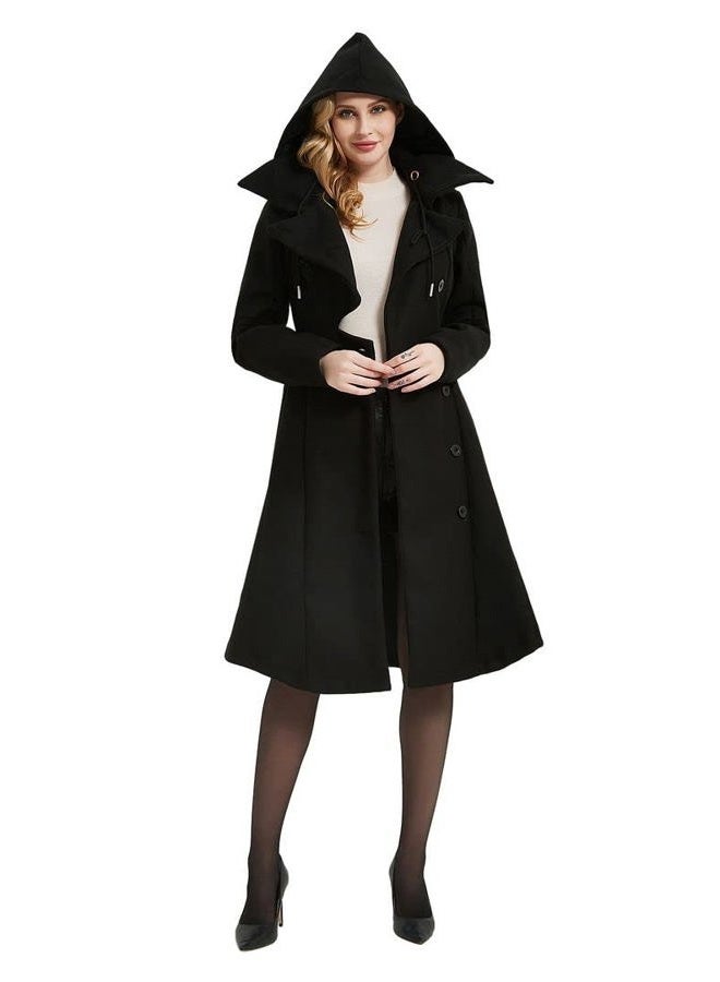 QZUnique Long Trench Pea Coat for Women - Wool Winter Trench Coat Goth Lapel Peacoat Outwear Thick Hood Pea Jacket Trenchcoat - Image 4