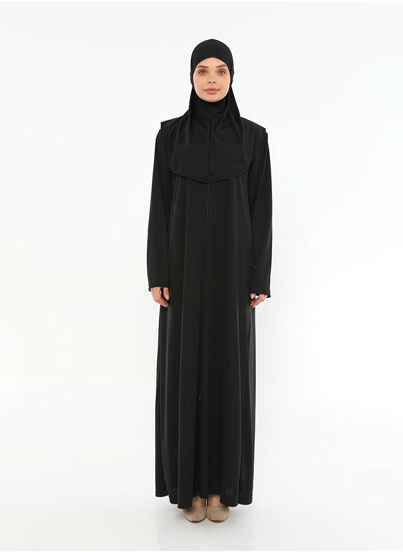إلانيسا  - عباية نسائية سوداء بسحاب مع حجاب بنفس اللون - Image 1