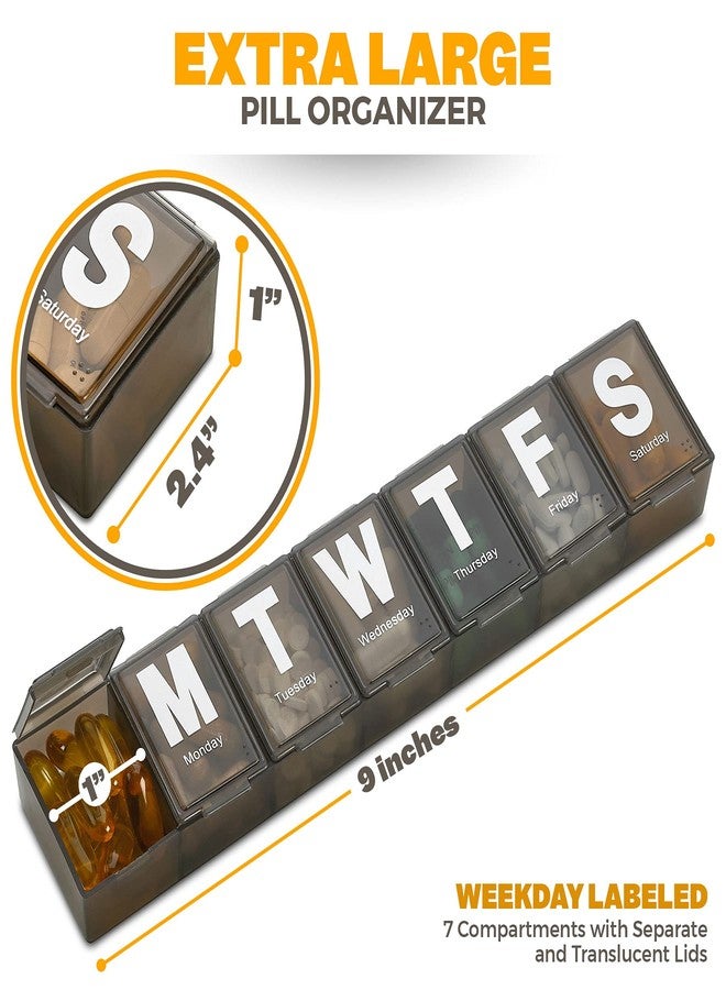 MEDca Weekly Pill Organizer - (Pack of 2 Extra Large Vitamin Container with Jumbo Easy to Read Letters, BPA Free - Daily Travel 7 Day Medication Pill Box Case, (Black - Image 4