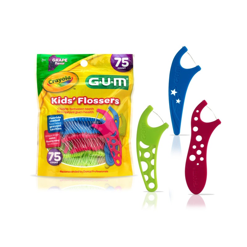 GUM Crayola Kids Flossers with Fluoride - Designed for Little Hands - Fun Grape Flavor - Easy to Use Kids Floss Picks for Children Ages 3+, 75 ct - Image 1