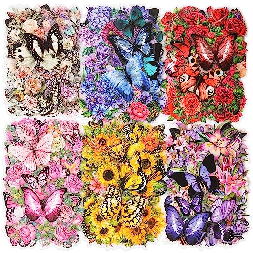 Knaid 300 Pieces Assorted Butterfly and Flower Stickers Transparent Butterflies Floral Resin Decals Aesthetic Journaling Scrapbook Stickers for Card Making Bullet Junk Journal Planner Craft Supplies
