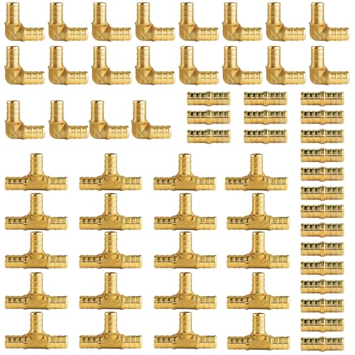 WiseWater 60 Pcs Pex Fittings 12 inch T PEX Tee20PCS 90 Degree Elbow Straight Coupling Brass Barb Crimp Pipe Fitting for Pex PipePack of 60 UPC Certified - Image 1