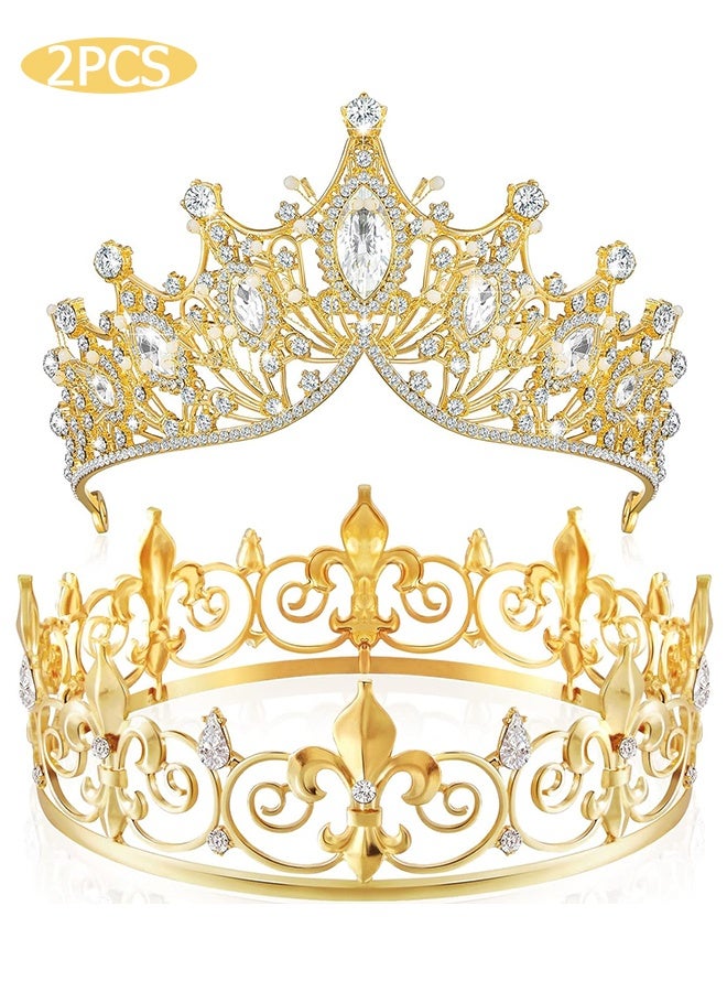 Wffo 2 Pcs Prom King and Queen Crowns for Men Women Baroque Queen King Prince Tiara Princess Crystal Headband for Halloween Wedding Birthday Grad Rhinestone Prom Party(Gold) - Image 1