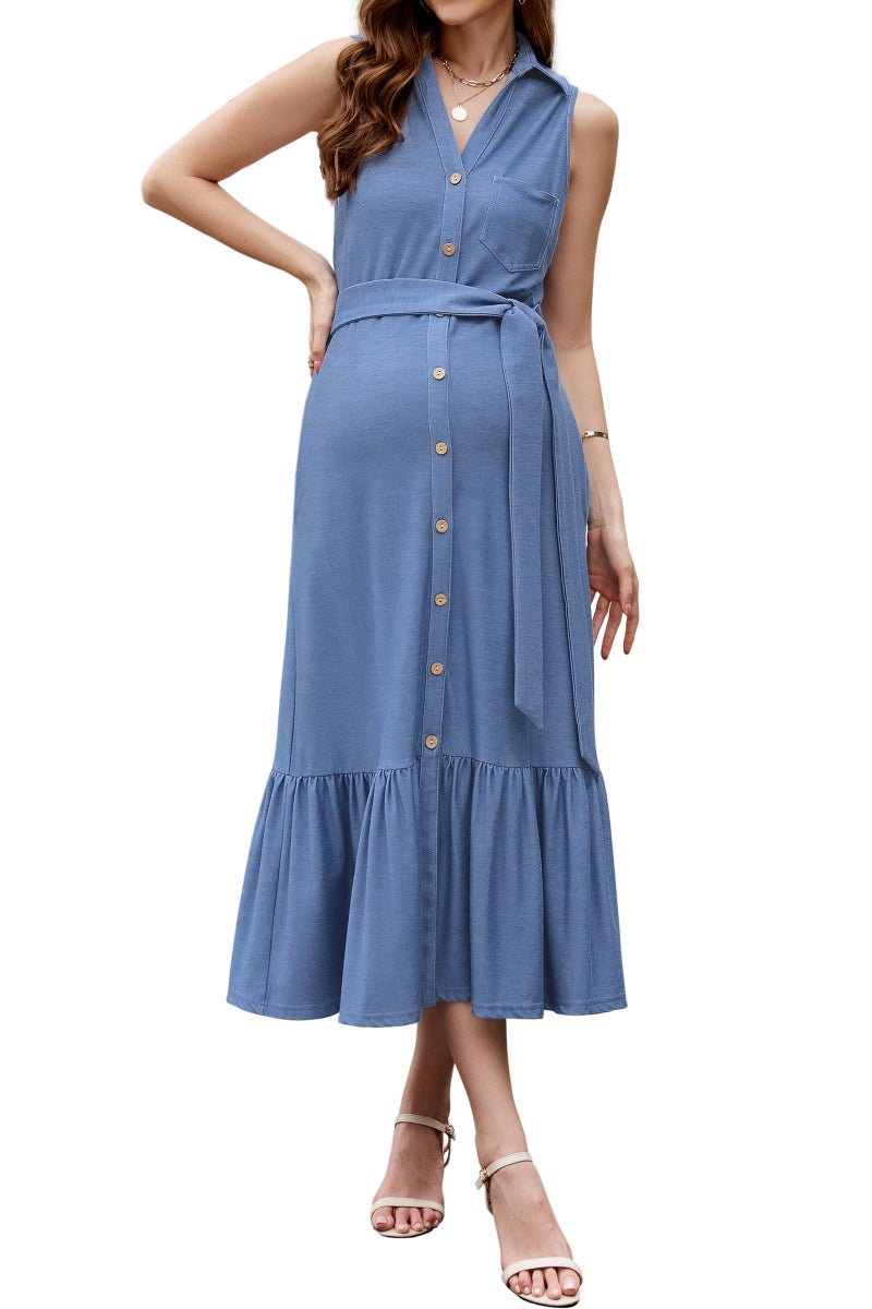 OUGES Womens 2025 Spring Maternity Dress Polo V Neck Ruffle Button Down Tank Pregnancy Dress Business Casual Work Dress Maternity Clothes with Pockets(Light Blue,L) - Image 1