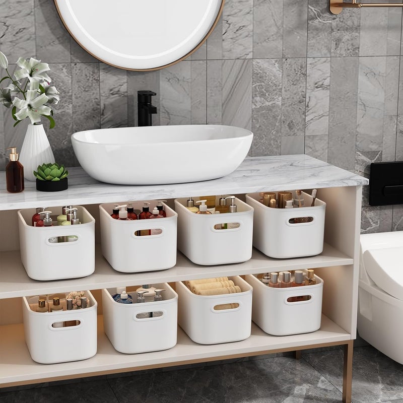 BOBIBOSS 8 Pack White Stackable Storage Bins with Lids for Shelves, Storage Containers with Lids for Organizing, Storage Boxes with Handle, Plastic Cubby Bins with Lids for Classroom, Craft, Snacks - Image 5