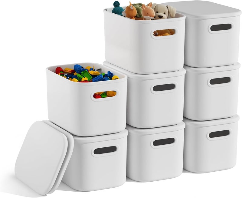 BOBIBOSS 8 Pack White Stackable Storage Bins with Lids for Shelves, Storage Containers with Lids for Organizing, Storage Boxes with Handle, Plastic Cubby Bins with Lids for Classroom, Craft, Snacks - Image 1