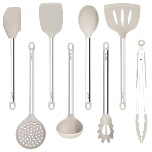 Vayvnt 8 Pieces Kitchen Utensils Set Vayvnt Silicone Cooking Utensils Set for NonStick Cookware Stainless Steel Handle Heat Resistant Kitchen Gadgets Includes Large Spatula Tongs Dishwasher Safe Khaki - Image 1