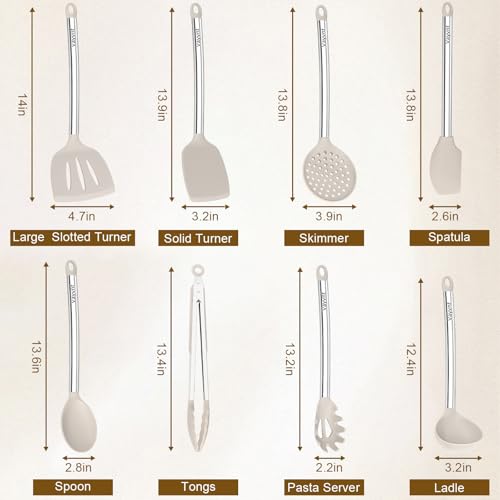 Vayvnt 8 Pieces Kitchen Utensils Set Vayvnt Silicone Cooking Utensils Set for NonStick Cookware Stainless Steel Handle Heat Resistant Kitchen Gadgets Includes Large Spatula Tongs Dishwasher Safe Khaki - Image 3