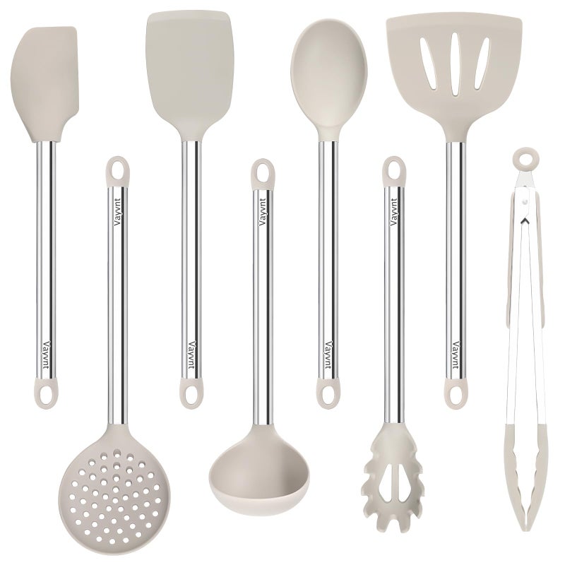 Vayvnt 8 Pieces Kitchen Utensils Set Vayvnt Silicone Cooking Utensils Set for NonStick Cookware Stainless Steel Handle Heat Resistant Kitchen Gadgets Includes Large Spatula Tongs Dishwasher Safe Khaki - Image 2