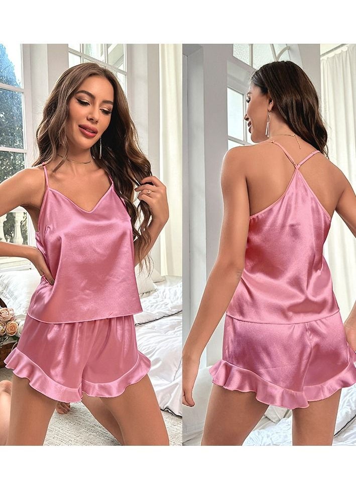 إسكدنيا - Women's Solid Color 2-Piece Set Nightgown Sleepwear Camisole Tops And Shorts Soft Loungewear Pajamas  Suit Rouge Powder - Image 1