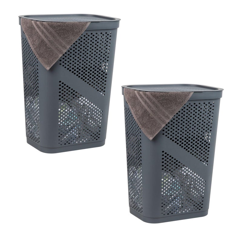 Mind Reader 60L Slim Laundry Hamper Clothes Basket Lid Ventilated Plastic Set of 2 Gray