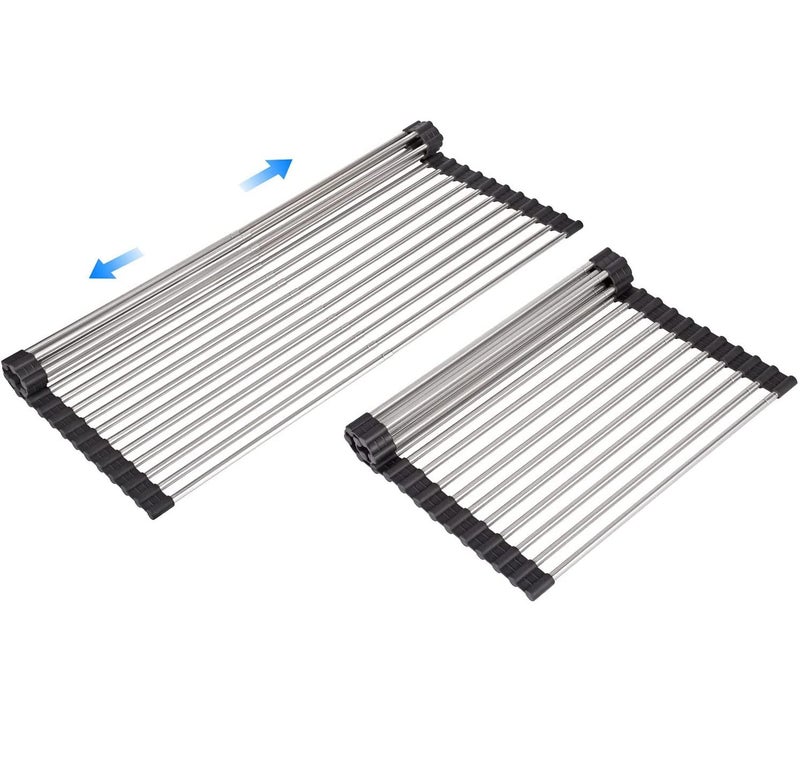 ARAINY Large Telescopic Drain Rack Roll Up Rack Heat-Resistant Dish Drainer Kitchen Sink Rack Over The Sink Dish Drying Rack Stainless Steel Dish Rack (18 Tube 21.25''x12.79'') - Image 1