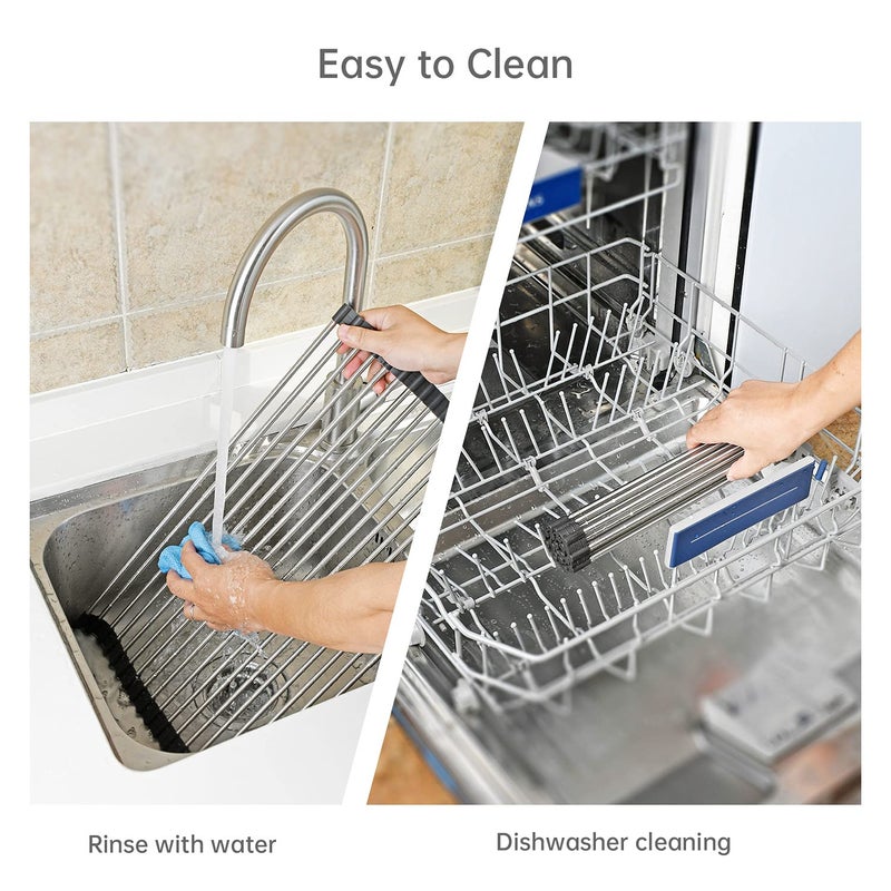 ARAINY Large Telescopic Drain Rack Roll Up Rack Heat-Resistant Dish Drainer Kitchen Sink Rack Over The Sink Dish Drying Rack Stainless Steel Dish Rack (18 Tube 21.25''x12.79'') - Image 4