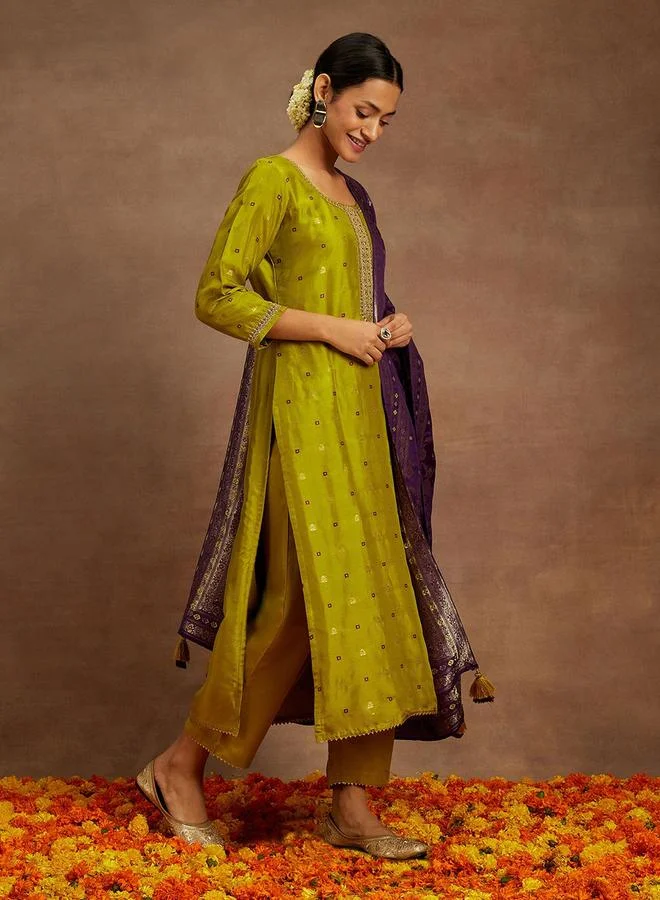 Libas Silk Lace Detail Kurta and Solid Trousers with Dupatta Set by Styli
