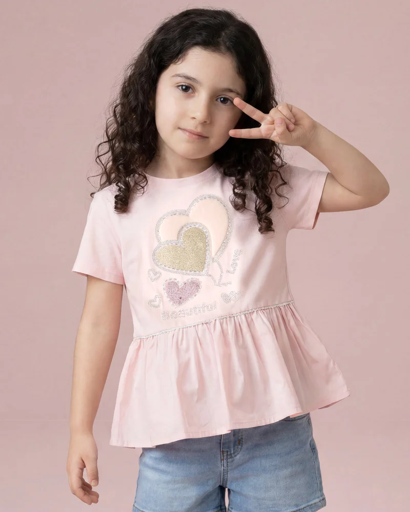 Redtag Girls Pink Embellished Peplum Jersey Top
