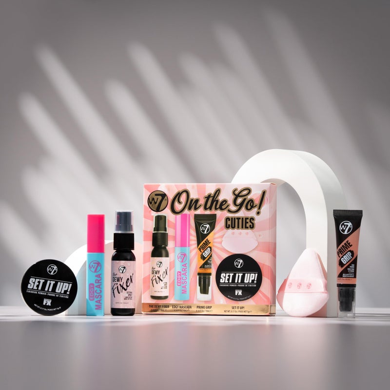 W7 On the Go Cuties Set - Mini Makeup Essentials with Primer, Mascara, Setting Spray, Loose Powder & Powder Puff - Travel Size Beauty Favourites - Image 4