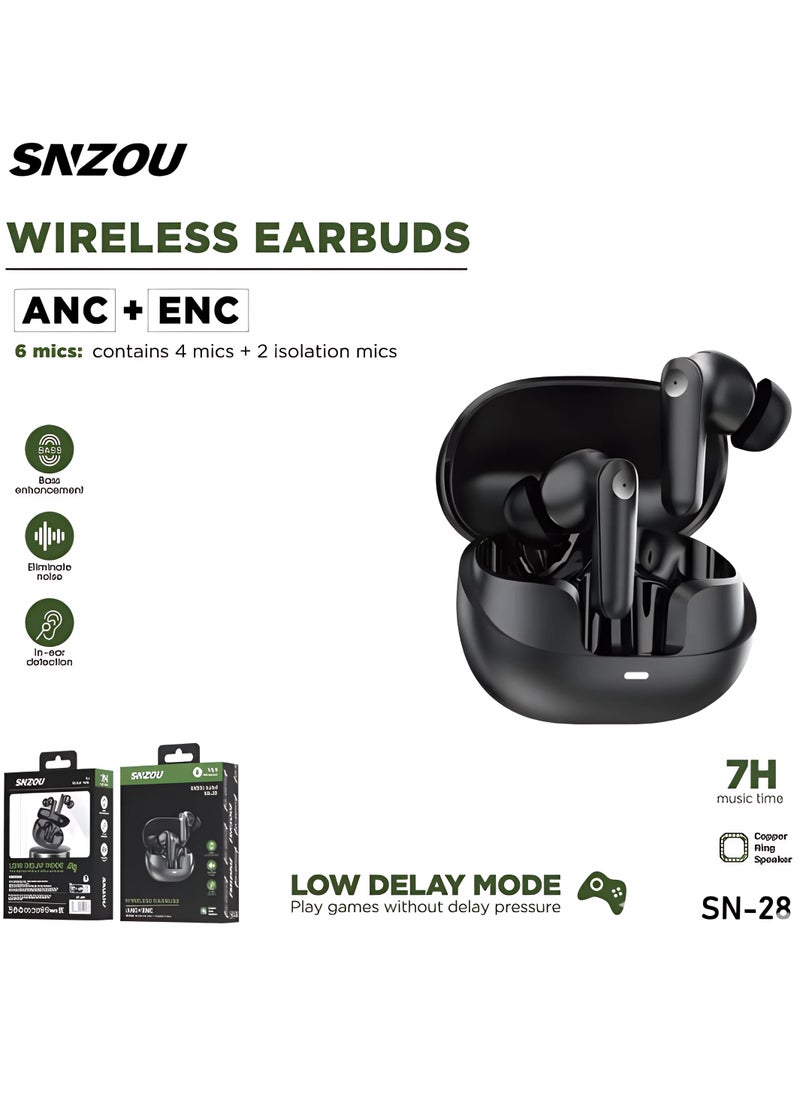 SNZOU - Snzou UltraPods ANC Wireless Earbuds (Bluetooth 5.3) The SN-28 Wireless Earbuds offer Advanced ANC and ENC Technology for superior sound quality and noise cancellation. Featuring Bluetooth 5.3, low-delay mode, and up to 7 hours of music time, these earbuds ensure a seamless listening experience with clear calls using four built-in microphones. - Image 1