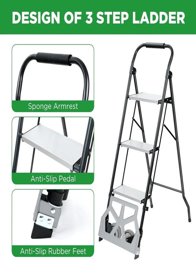HOME CUBE 3-Step Folding Step Ladder & Hand Truck Dolly Combo, Skid-Free Steps, Heavy Duty Dolly Cart, Aluminum Lightweight Portable Utility Cart & Stepladder for Home, Office, Garage Industrial Need - Image 2