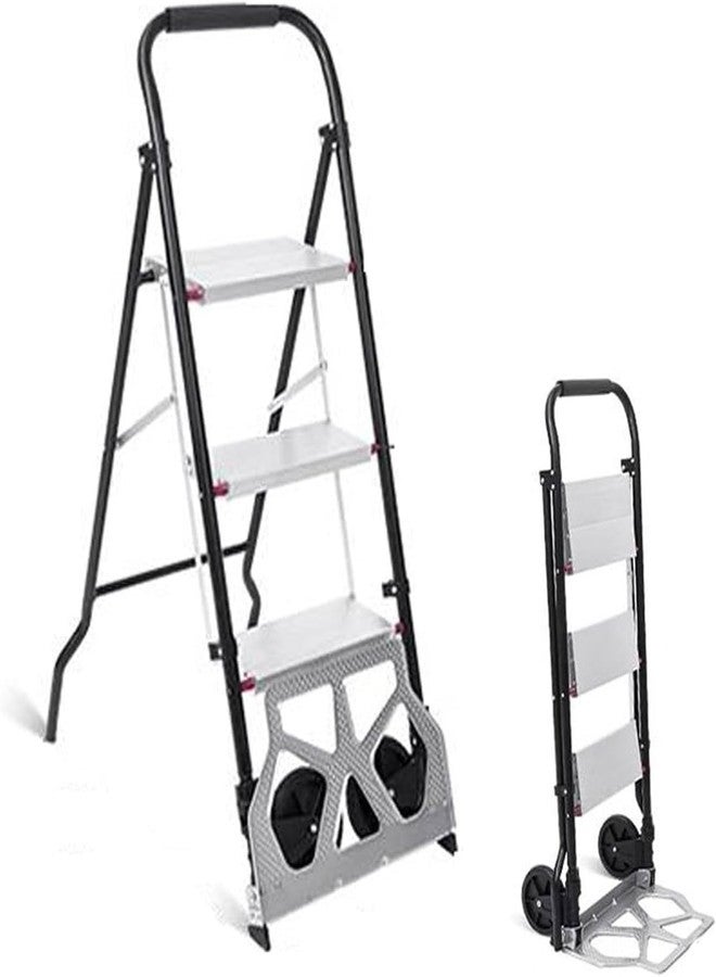 HOME CUBE 3-Step Folding Step Ladder & Hand Truck Dolly Combo, Skid-Free Steps, Heavy Duty Dolly Cart, Aluminum Lightweight Portable Utility Cart & Stepladder for Home, Office, Garage Industrial Need - Image 1