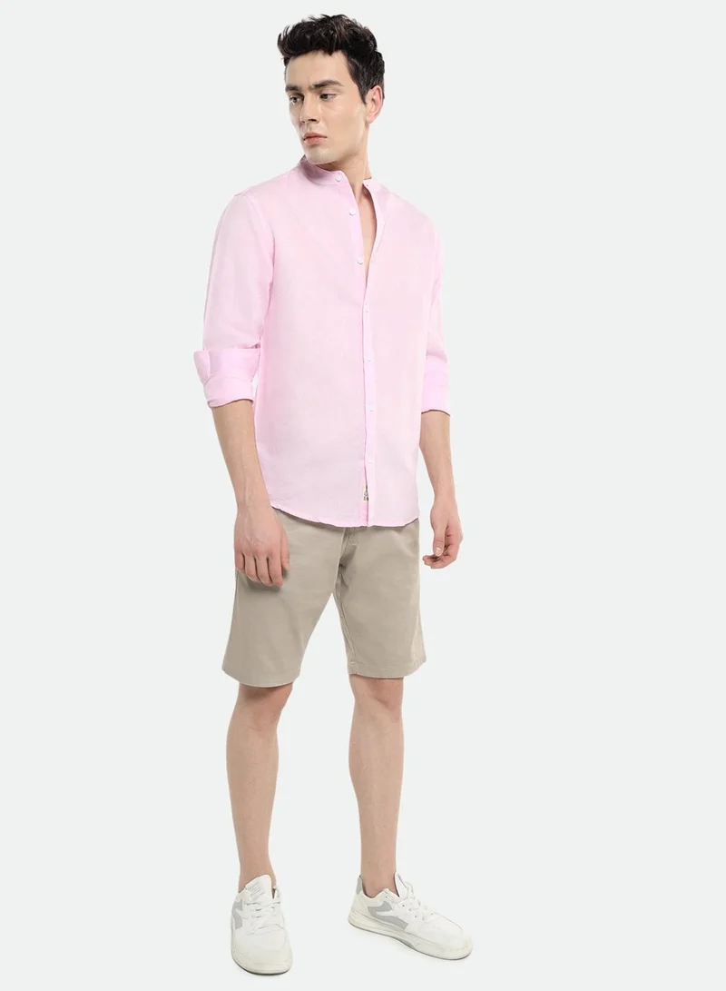 Dennis Lingo Pink Slim Fit Mandarin Collar Shirt for Men - Cotton, Solid, Full Sleeves, Casual