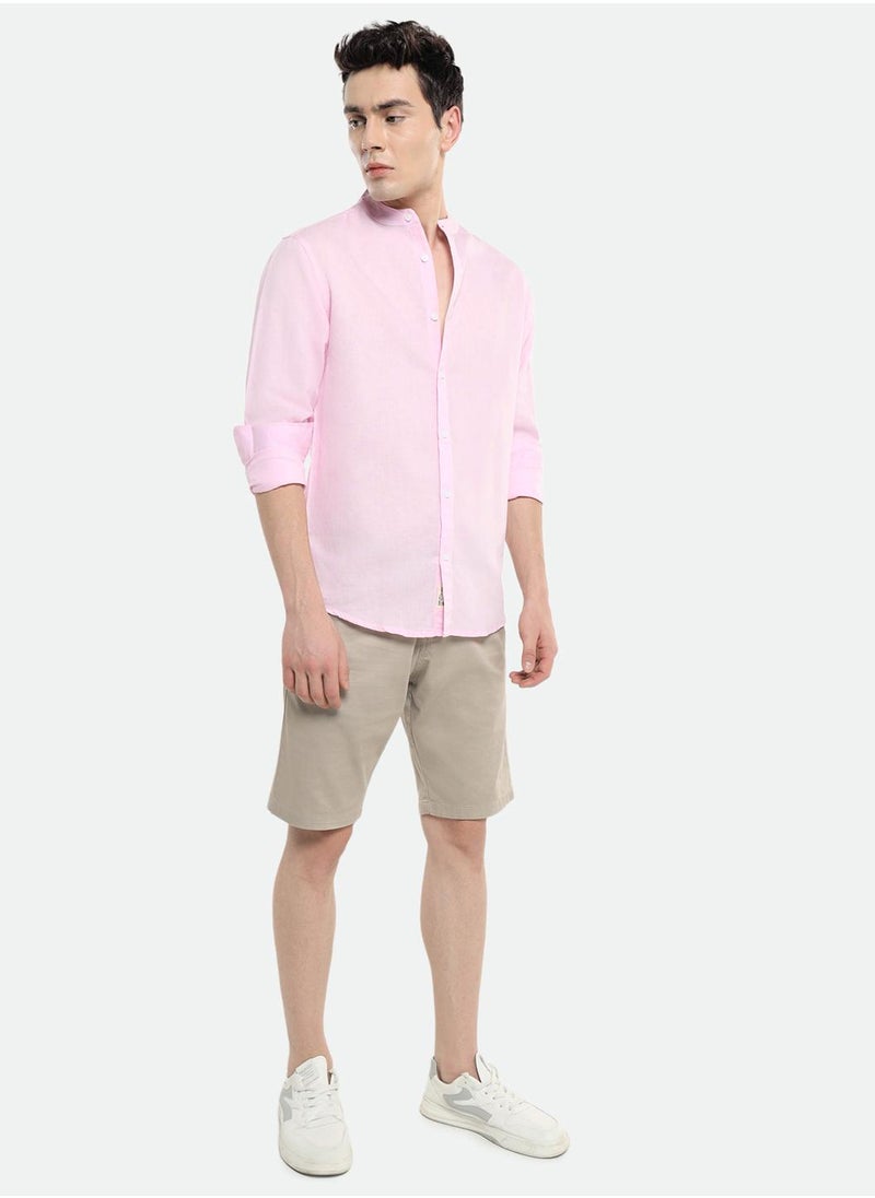 Dennis Lingo - Pink Slim Fit Mandarin Collar Shirt for Men - Cotton, Solid, Full Sleeves, Casual - Image 1