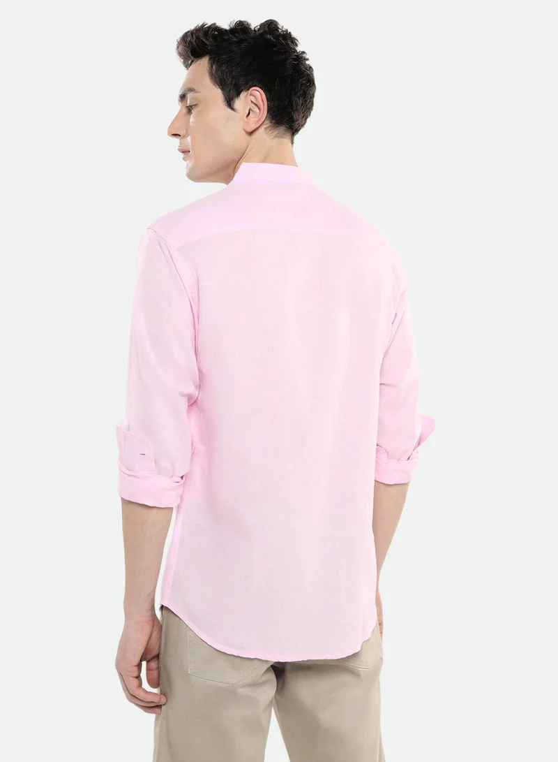 Dennis Lingo Pink Slim Fit Mandarin Collar Shirt for Men - Cotton, Solid, Full Sleeves, Casual