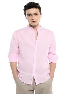 Pink Slim Fit Mandarin Collar Shirt for Men - Cotton, Solid, Full Sleeves, Casual