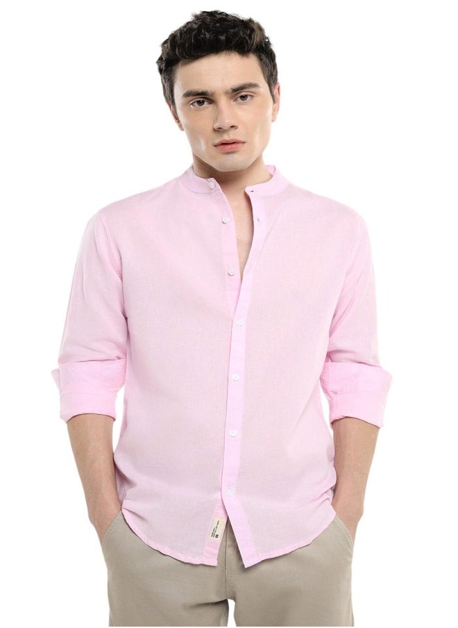 Dennis Lingo - Pink Slim Fit Mandarin Collar Shirt for Men - Cotton, Solid, Full Sleeves, Casual - Image 1
