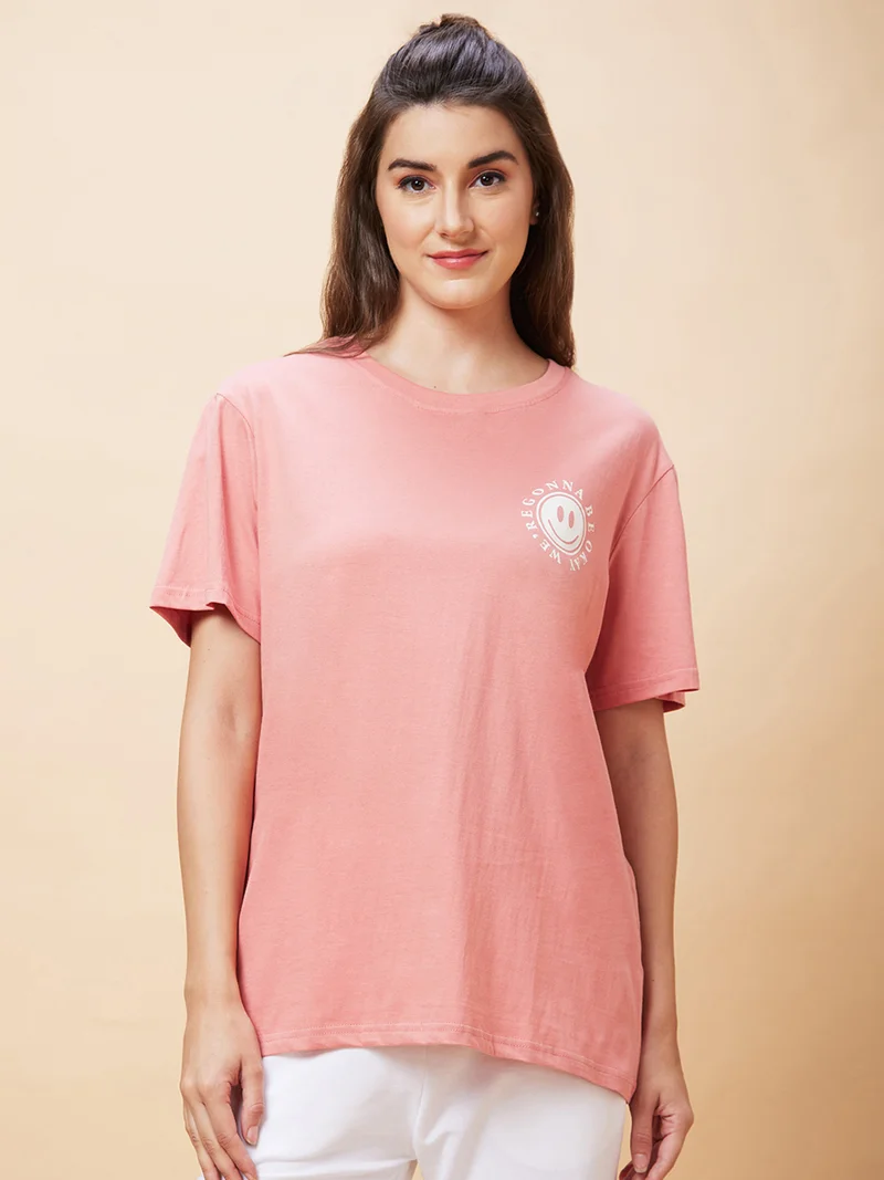globus Women Typography Printed Pure Cotton Oversized T-Shirt