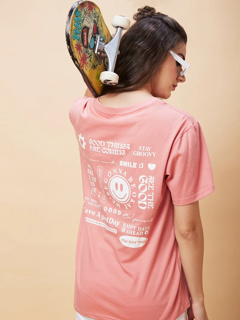 globus Women Typography Printed Pure Cotton Oversized T-Shirt