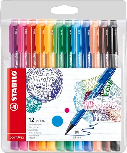STABILO Fineliner pointMax - Pack of 12 - Assorted Colors - Nylon Medium 0.8mm Tip, Water Based Quick Dry Ink - Image 1