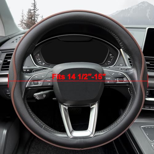 HAOTULE Leather Steering Wheel Cover， with Anti-Slip Stripe Design - Enhanced Grip, Fashion Style, Safe, Non-Slip, Breathable. Upgrade car Interior，Black Brown - Image 2